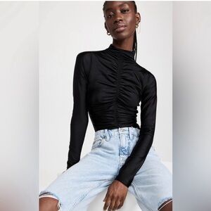 Good American Womens Ruched Luster High Neck Long Sleeve Bodysuit Black Size 1